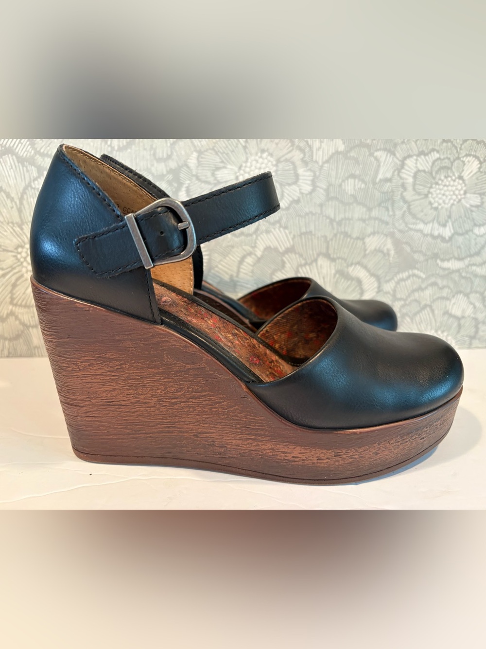 b.o.c. Black Leather Mary Jane Wedge Sandals with Wood-Look Platform